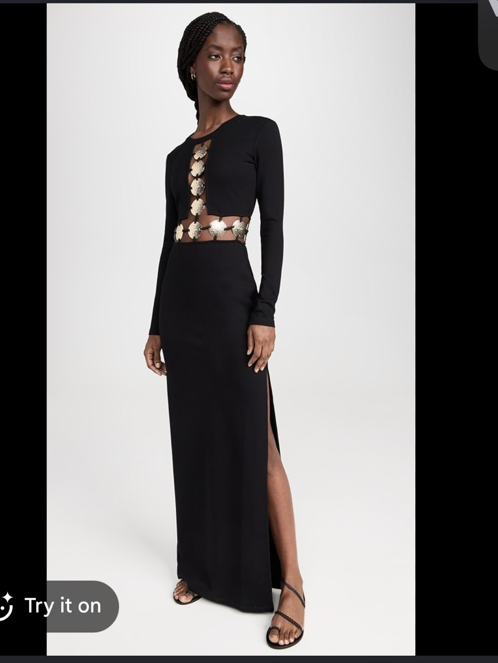 STAUD Black Long-Sleeve Maxi Dress with Gold Medallion Trim
